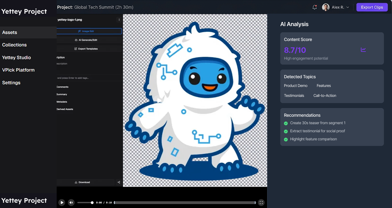 AI video dashboard showing clip detection and timeline