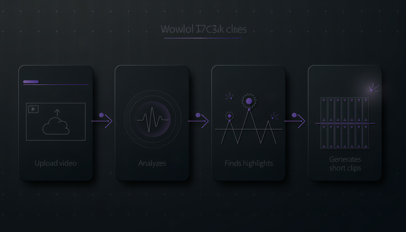 AI workflow: Upload video → Analyzes → Finds highlights → Generates short clips